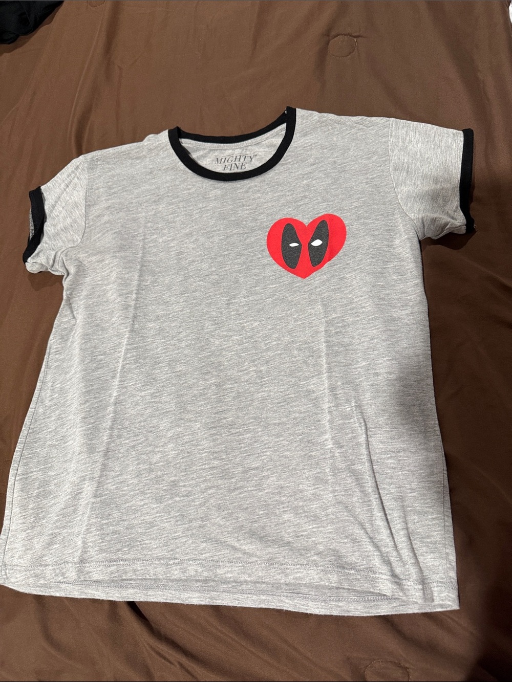 Mighty Fine Gray Ringer Tee with Red Heart Mask Graphic